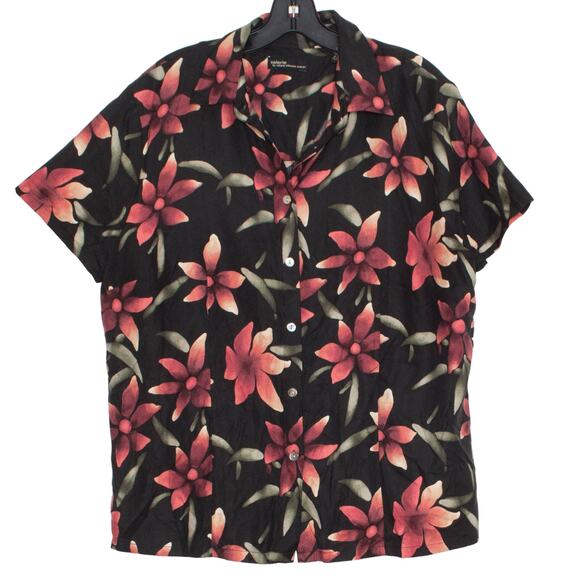 Valerie Stevens Top Silk Hawaiian Retro Resort Boho Button Up Floral Black 16W - Picture 1 of 5